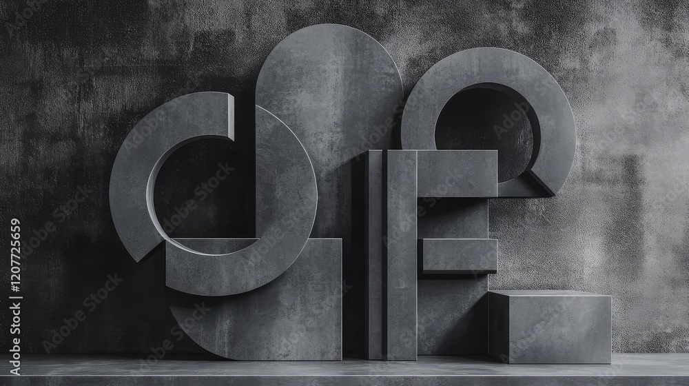 Poster abstract grey minimalist backdrop featuring bold geometric shapes and artistic letters with customiz
