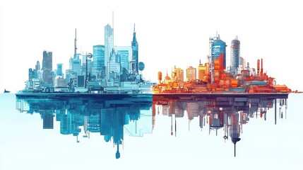 Naklejka premium Progress in flat design side view futuristic city theme water color split-complementary color scheme 