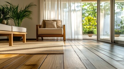 Fototapeta premium Modern living room with wooden flooring, minimalist furniture, and warm evening lighting creating a serene ambiance for relaxation and comfort