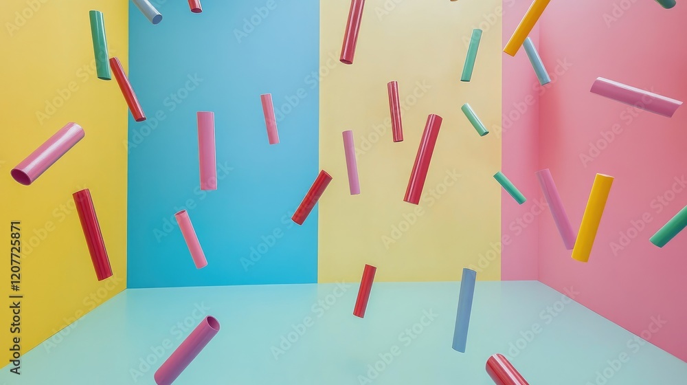 Poster vibrant minimalist art installation with colorful floating tubes against a bright pastel background 