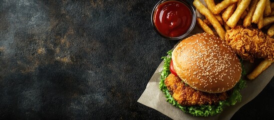 Male chef in contemporary kitchen arranging gourmet burger with crispy fried chicken leg alongside golden fries and ketchup on dark textured surface