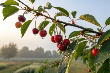 A radiant cherry branch with cherry fruits glistening in morning dew, fruit abundance, autumn color, fresh harvest, morning dew