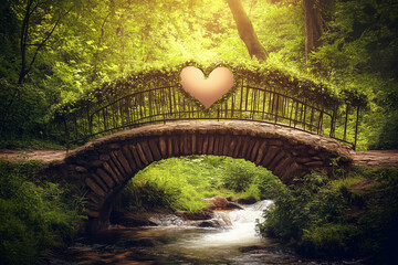 A romantic bridge over a heart-shaped stream, postcard design with space for greetings. Valentine concept, landscape design