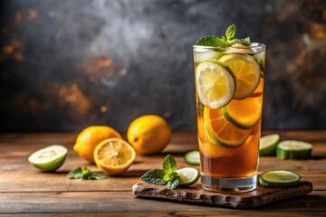 Fototapeta premium A refreshing glass of iced tea with slices of lemon and cucumber, ice cubes, refreshment, beverages