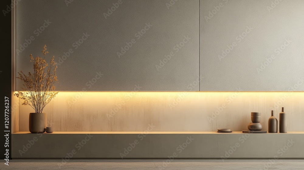 Poster minimalist interior shelf display with soft ambient lighting and decorative vases in contemporary de