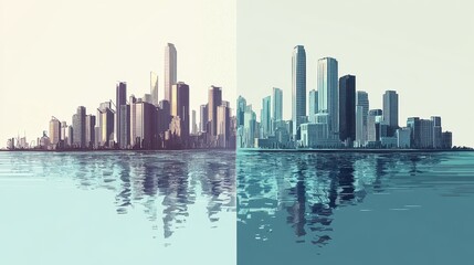 Fototapeta premium Progress in flat design side view futuristic city theme water color split-complementary color scheme 