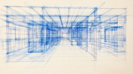 Blueprint Wireframe Architectural Design featuring Blue Grids and Light Lines in a Minimalist Interior Perspective Layout.