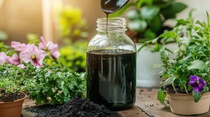 Homemade organic fertilizer in clear bottle with ladle surrounded by vibrant houseplants and soil in warm sunlight for eco-friendly gardening care
