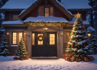 A snow-covered house with a festive wreath on the front door and a towering Christmas tree in the background, christmas tree, holiday cheer
