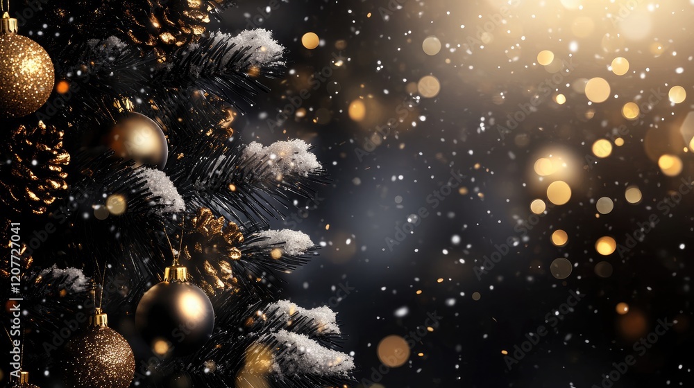Poster elegant black and gold christmas tree background with snowfall and bokeh effect creating a festive a