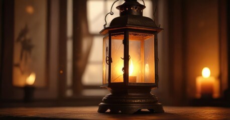 Ancient lantern with warm candlelight radiating golden soft focus, desert night sky, burning candle