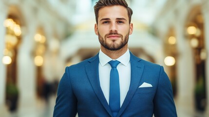 Confident Businessman: A handsome businessman in a crisp blue suit with a white shirt and blue tie stands confidently in a grand architectural setting, exuding professionalism and success.