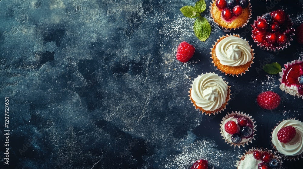 Poster homemade cupcakes topped with cream and berries on a dark textured background featuring raspberries 