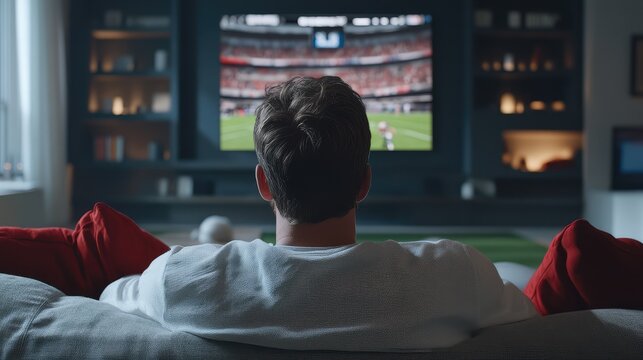 Young man on a grey sofa with red cushions using mobile streaming services while watching sports on a large TV in a modern living room interior.