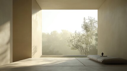 Obraz premium Serene minimalist zen interior with large window, soft neutral tones, peaceful natural light, and serene outdoor view lush with greenery.