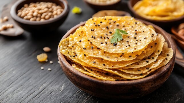 Mung dal and urad dal papad crispy Indian snacks served in a wooden bowl showcasing a traditional side dish for meals