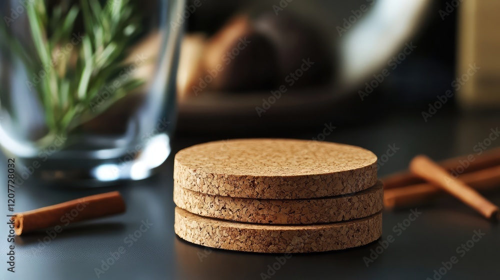 Poster elegant minimalist cork coasters stacked on dark surface with natural elements and soft focus backgr