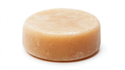 Spherical brown shampoo bar on a clean white background, captured with a high-angle perspective, emphasizing texture and form.