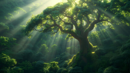 Majestic tree illuminated by sunlight enchanted forest nature scene