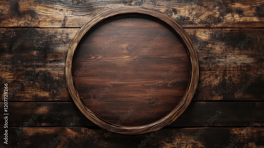 Aufkleber rustic round wooden plate on dark weathered wooden table with ample blank space for creative text or