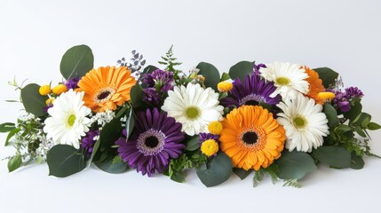 Obraz premium Vibrant Retro Floral Arrangement Featuring Purple Orange and White Gerbera Daisies with Lush Greenery on Soft White Background