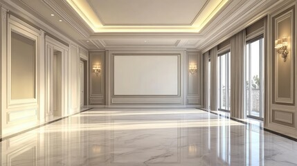 Fototapeta premium Classic Modern Interior Room with Bright Natural Light, Elegant Marble Floor, Neutral Walls, Large Windows, and Decorative Wall Sconces