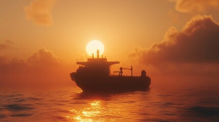 Obraz premium Majestic cargo vessel sailing on tranquil ocean waters under a vibrant orange sunset sky with soft clouds reflecting golden hues.