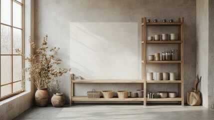 Minimalist Wooden Shelf with Empty Wall Space for Mockup and Natural Decor Elements in Contemporary Interior Design