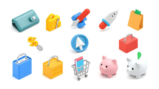 Set of 3d realistic shopping vector icons isolated on white background. Wallet, discount, pointer, cart, basket, pos, piggy, money. Generative AI