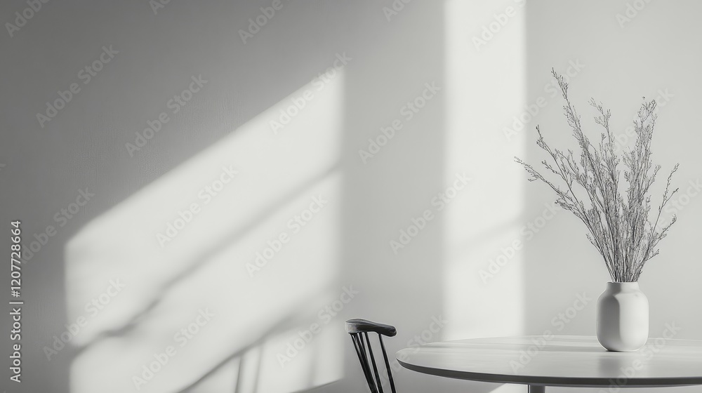 Poster elegant minimalist dining room setting in shades of white with soft shadows and a simple vase of dri