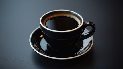 Elegant black coffee cup on saucer with dark background capturing a rich coffee experience and inviting atmosphere for coffee lovers.