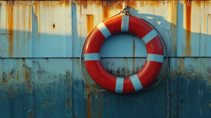 Lifebuoy hanging on a weathered metallic wall with rust and peeling paint in a nautical environment