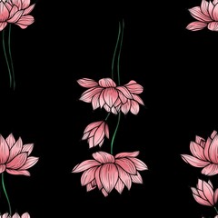 Pink Elegant Lotus Big Seamless Pattern on Black Background