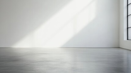 Fototapeta premium Modern minimalist interior space with blank white wall and sunlight shadows on polished gray concrete floor, spacious and uncluttered design.