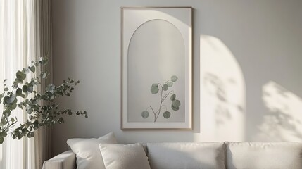 Elegant minimalist curved frame showcasing delicate eucalyptus leaves against soft beige wall in bright airy interior with white sofa.