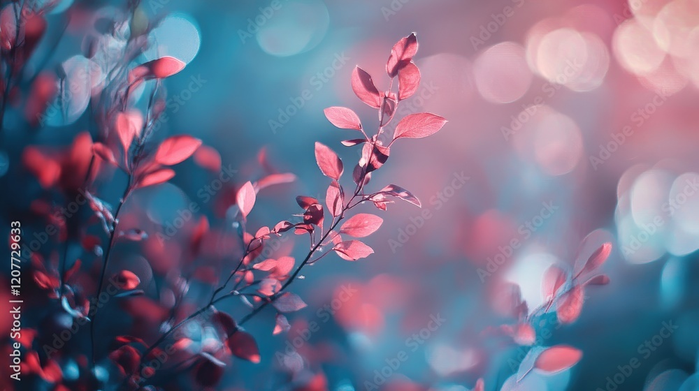 Poster abstract light blue and red bokeh background with soft glowing leaves creating a dreamy botanical at