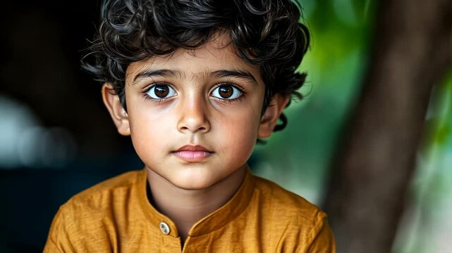 A young South Asian boy in a traditional kurta gazes thoughtfully, symbolizing innocence and cultural pride, relevant for Diwali and family themes