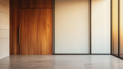 Fototapeta premium Modern interior design featuring wooden accents and glass panels on a blank wall with warm neutral tones and minimalist aesthetic.