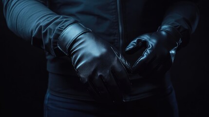 Man in black protective leather gloves adjusting his grip against a dark blue background with dramatic lighting and focused detail.