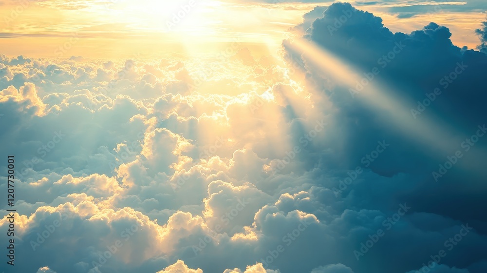 Poster sunlight beams breaking through clouds illuminating a serene sky at dawn or dusk creating a tranquil