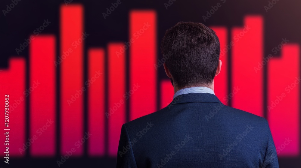 Poster analyzing the data: a businessman stands before a large screen displaying vibrant red bar graphs, sy