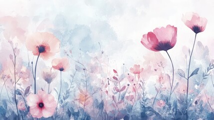 Delicate pastel watercolor floral background featuring soft pink and blue blooms ideal for web banners, postcards, social media feeds, and scrapbooks.