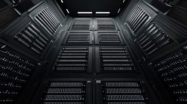 Dark high-tech server room interior featuring an array of large cloud computing database systems with black metallic surfaces and rows of storage devices.
