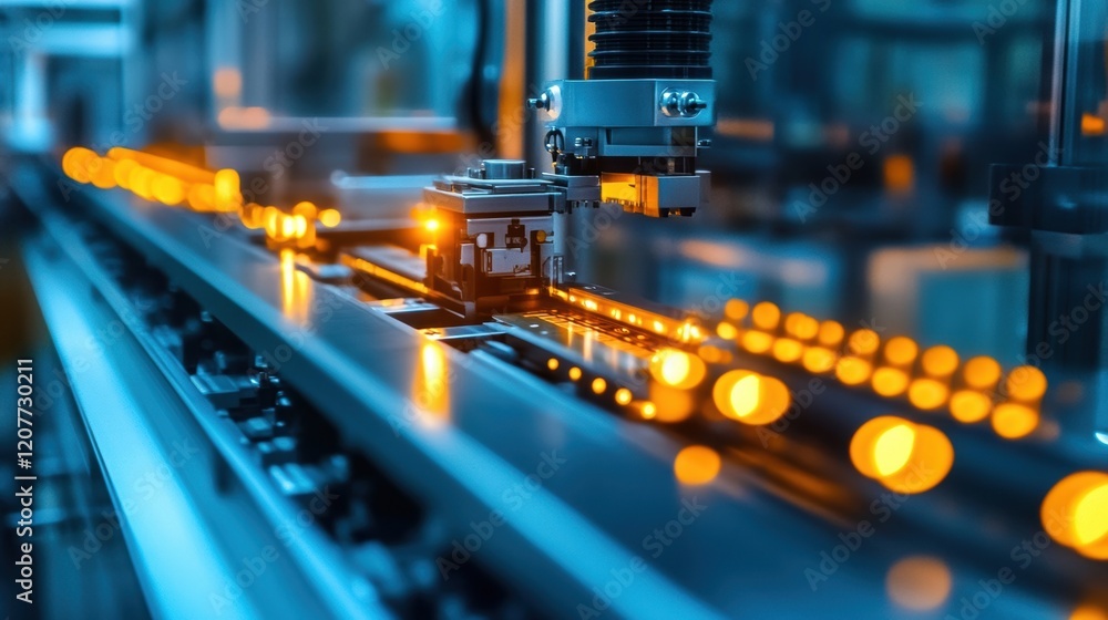 Poster automated robotic arm is picking and placing electronic components on a moving assembly line. showca