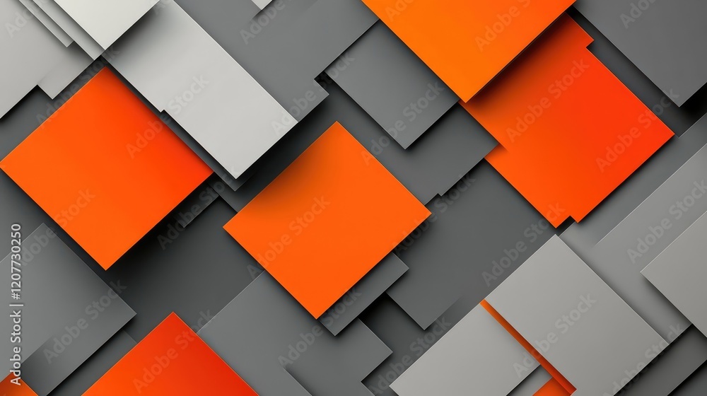 Poster abstract geometric composition featuring overlapping squares in vibrant shades of orange and muted g