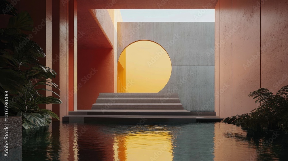 Poster serene minimalist architecture featuring geometric shapes and reflective water surfaces in tranquil 