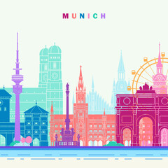 Munich poster design historical symbol buildings colorful canvas silhouettes.