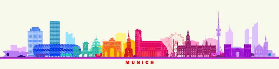 Fototapeta premium Munich City landmarks abstract banner wall art rainbow vector design, Germany.