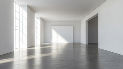 Fototapeta premium Minimalist Interior Space with Bright Natural Light and White Walls in Modern Architectural Design, Empty Room with Glossy Gray Floor