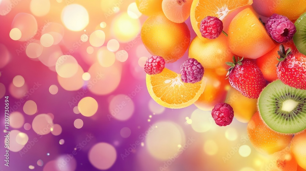 Poster vibrant purple background with soft bokeh featuring assorted yellow fruits and berries ideal for sum